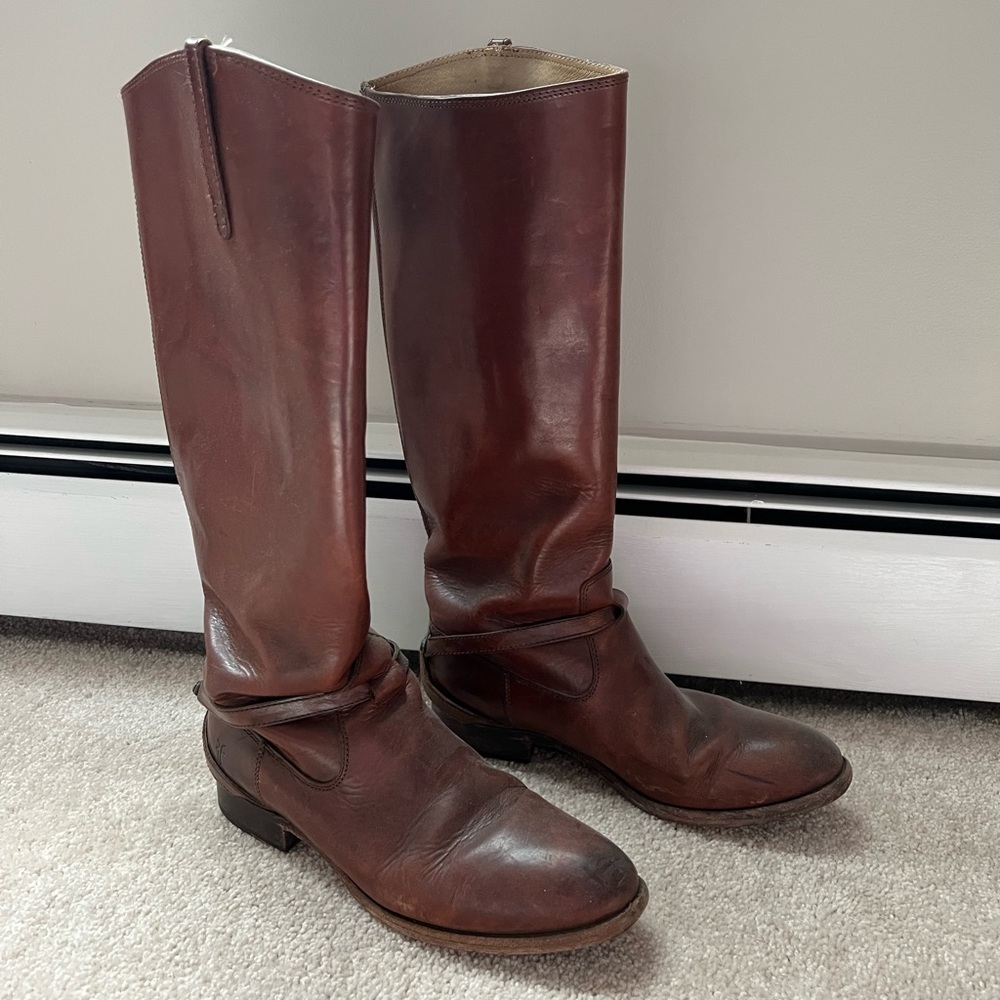 Frye Lindsay Plate knee high boots. Burnt Red Smooth Full Grain Leather.